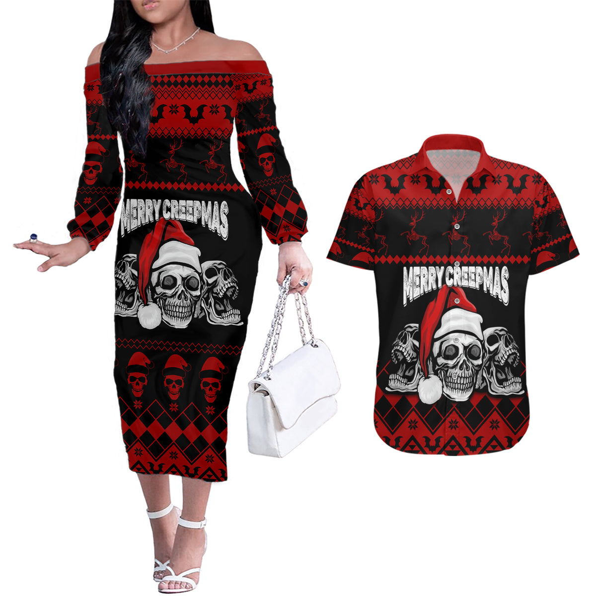 Custom Christmas Couples Matching Off The Shoulder Long Sleeve Dress and Hawaiian Shirt Gothic Skull Creepmas LT7 - Wonder Print Shop