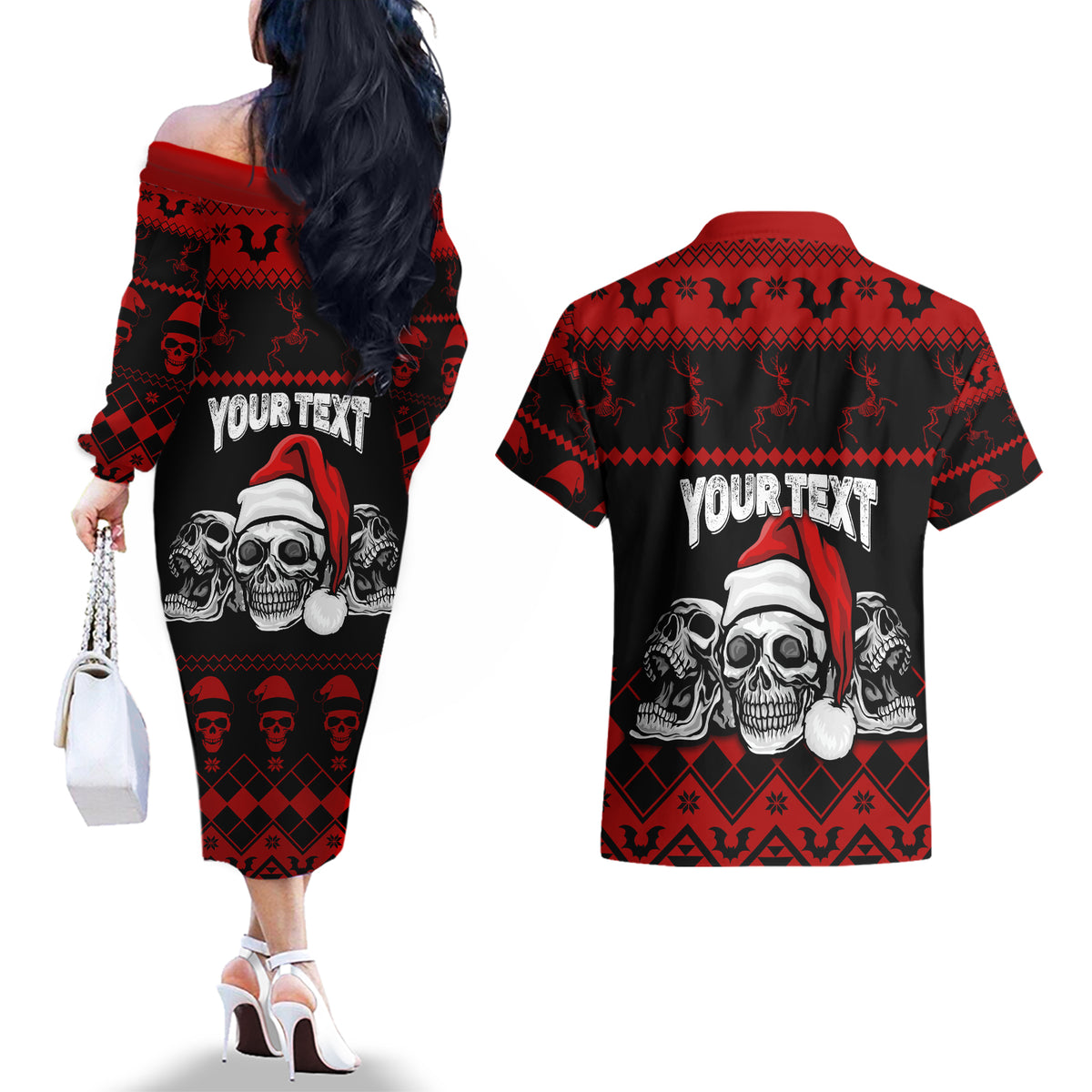 Custom Christmas Couples Matching Off The Shoulder Long Sleeve Dress and Hawaiian Shirt Gothic Skull Creepmas LT7 - Wonder Print Shop