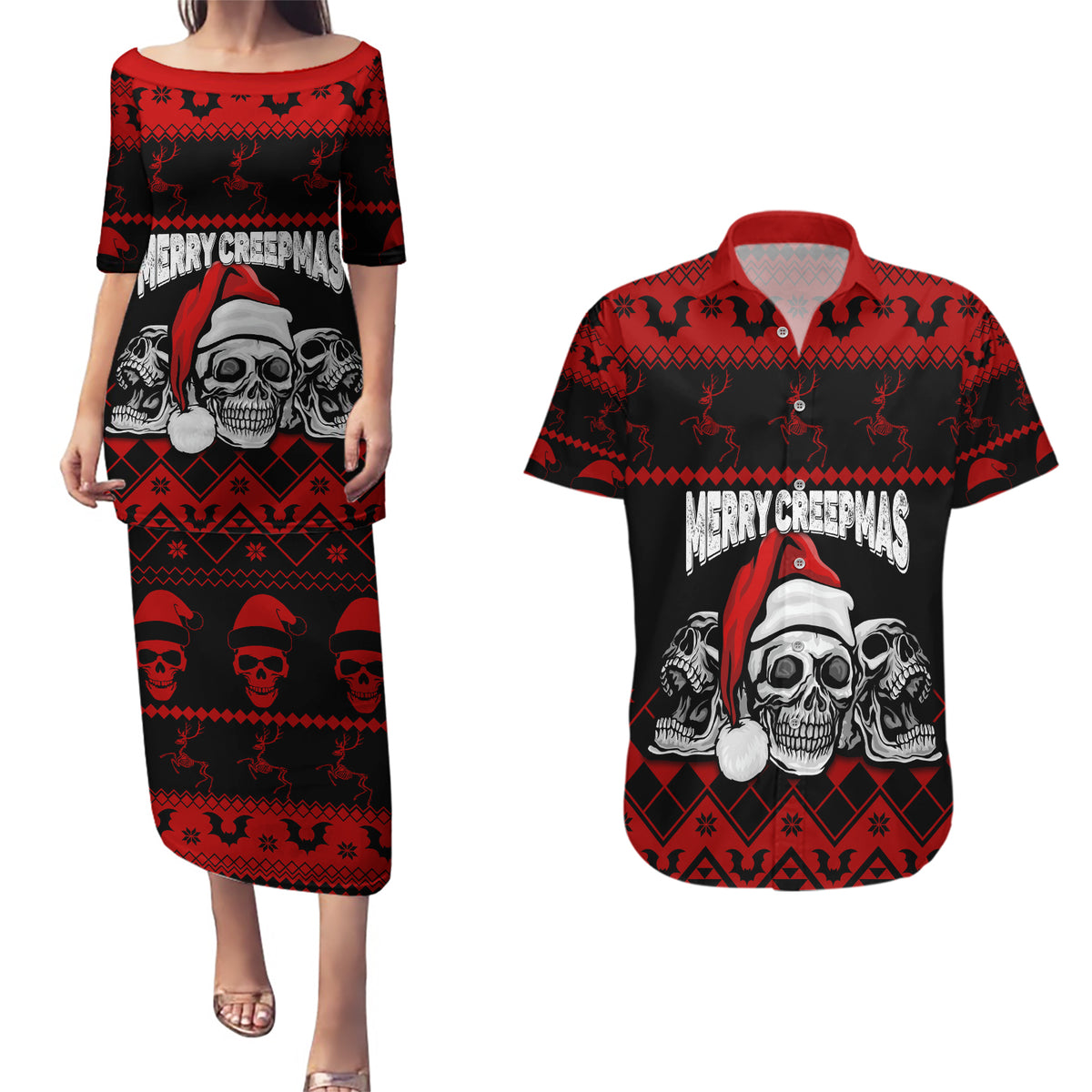 Custom Christmas Couples Matching Puletasi Dress and Hawaiian Shirt Gothic Skull Creepmas LT7 - Wonder Print Shop