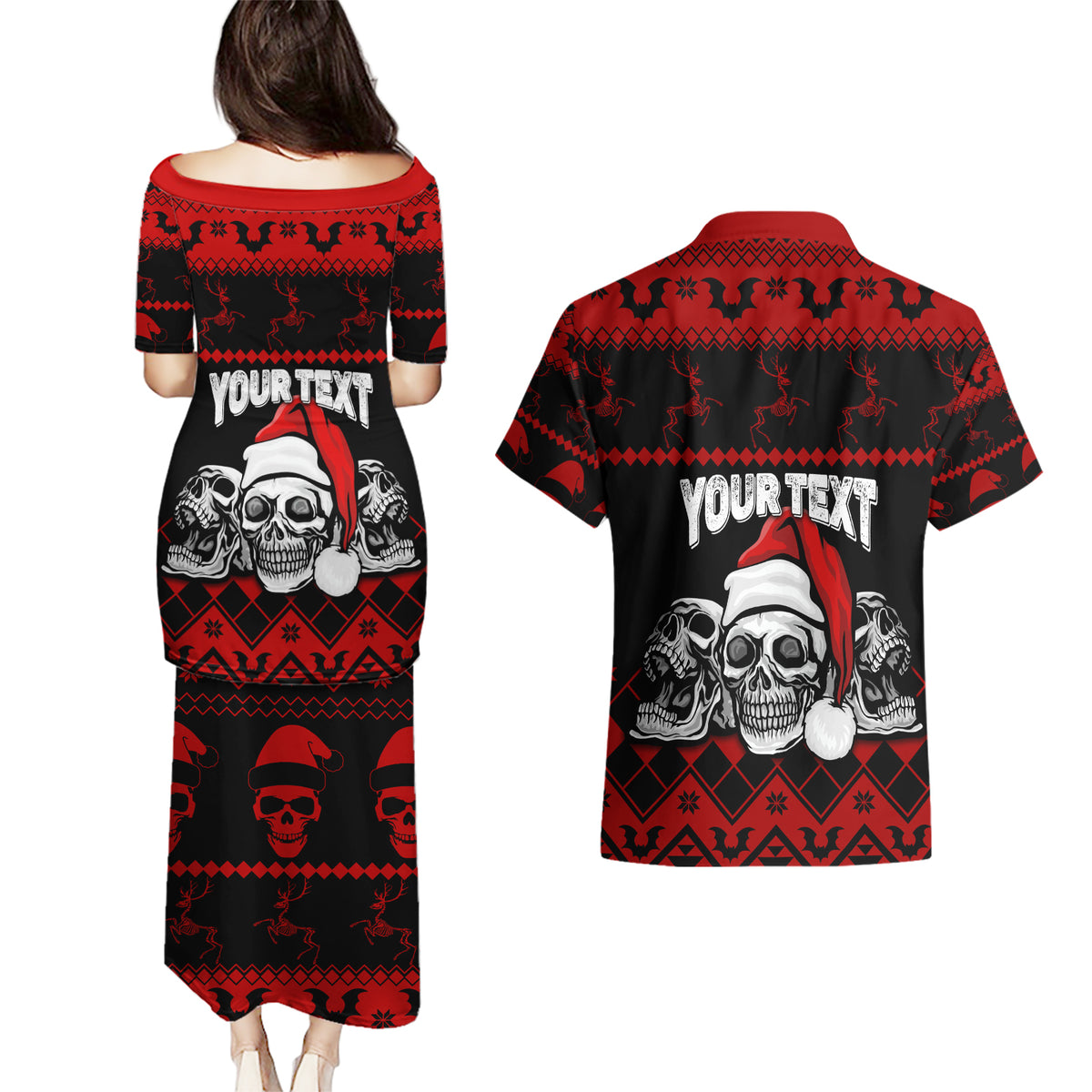 Custom Christmas Couples Matching Puletasi Dress and Hawaiian Shirt Gothic Skull Creepmas LT7 - Wonder Print Shop
