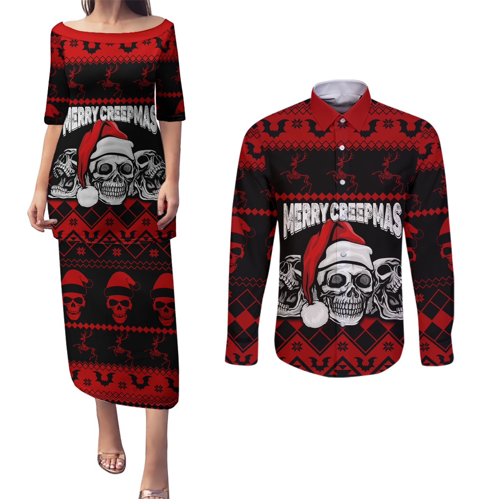 Custom Christmas Couples Matching Puletasi Dress and Long Sleeve Button Shirt Gothic Skull Creepmas LT7 - Wonder Print Shop