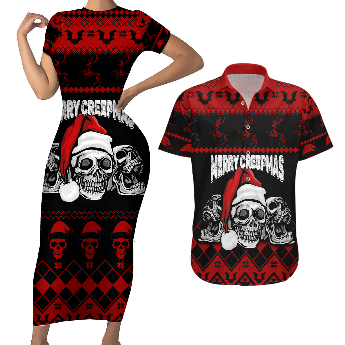 Custom Christmas Couples Matching Short Sleeve Bodycon Dress and Hawaiian Shirt Gothic Skull Creepmas LT7 - Wonder Print Shop