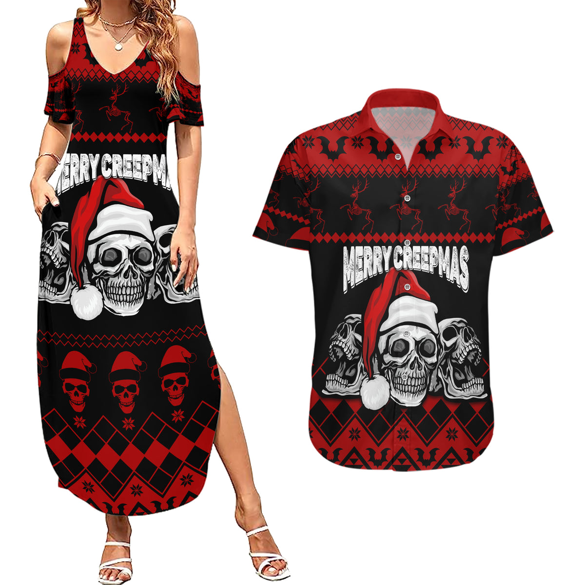 Custom Christmas Couples Matching Summer Maxi Dress and Hawaiian Shirt Gothic Skull Creepmas LT7 - Wonder Print Shop