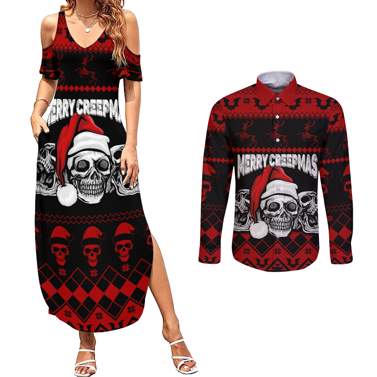 Custom Christmas Couples Matching Summer Maxi Dress and Long Sleeve Button Shirt Gothic Skull Creepmas LT7 - Wonder Print Shop