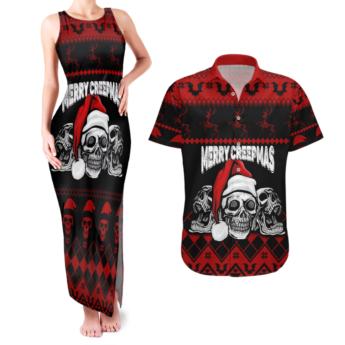 Custom Christmas Couples Matching Tank Maxi Dress and Hawaiian Shirt Gothic Skull Creepmas LT7 - Wonder Print Shop