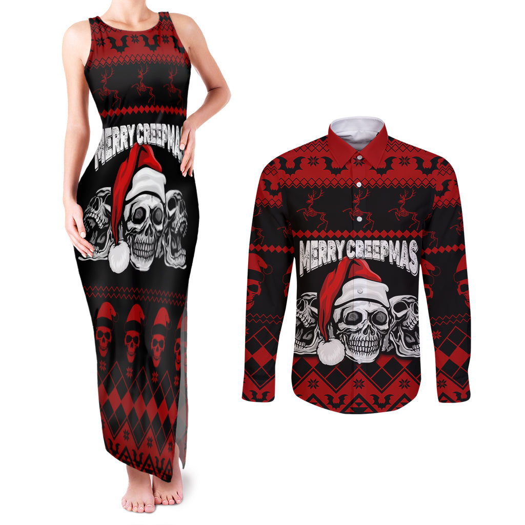 Custom Christmas Couples Matching Tank Maxi Dress and Long Sleeve Button Shirt Gothic Skull Creepmas LT7 - Wonder Print Shop