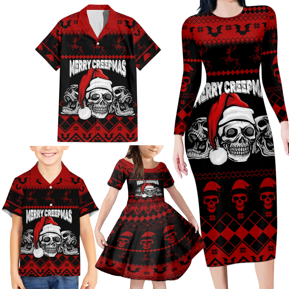 Custom Christmas Family Matching Long Sleeve Bodycon Dress and Hawaiian Shirt Gothic Skull Creepmas LT7 - Wonder Print Shop