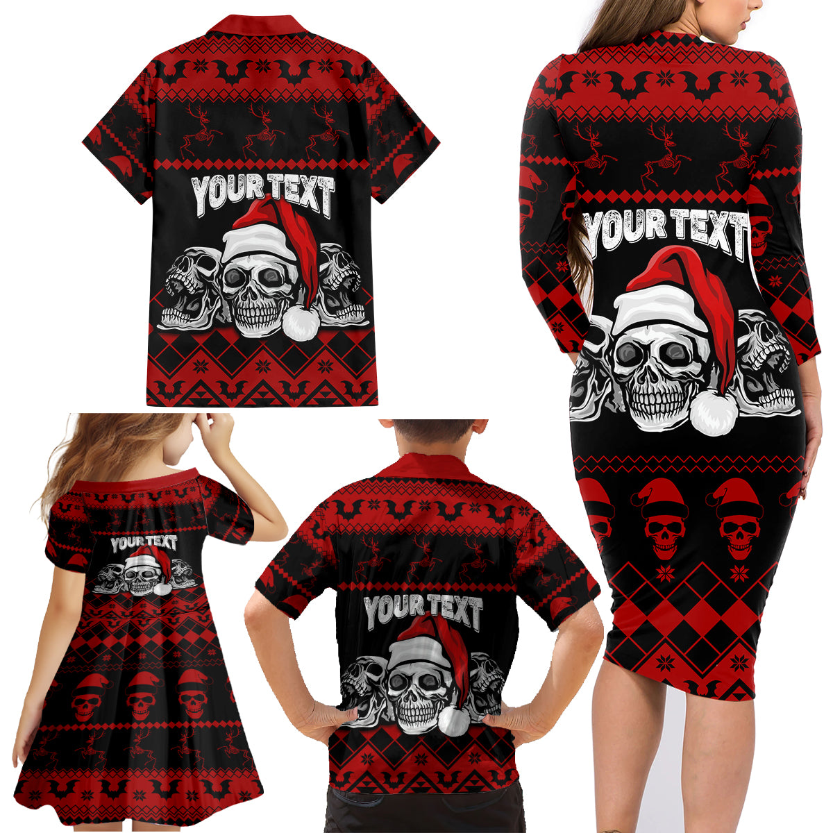 Custom Christmas Family Matching Long Sleeve Bodycon Dress and Hawaiian Shirt Gothic Skull Creepmas LT7 - Wonder Print Shop