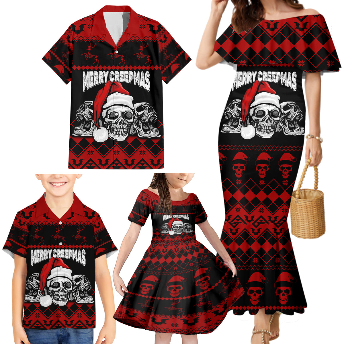 Custom Christmas Family Matching Mermaid Dress and Hawaiian Shirt Gothic Skull Creepmas LT7 - Wonder Print Shop