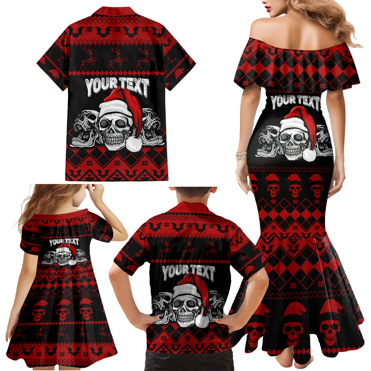 Custom Christmas Family Matching Mermaid Dress and Hawaiian Shirt Gothic Skull Creepmas LT7 - Wonder Print Shop