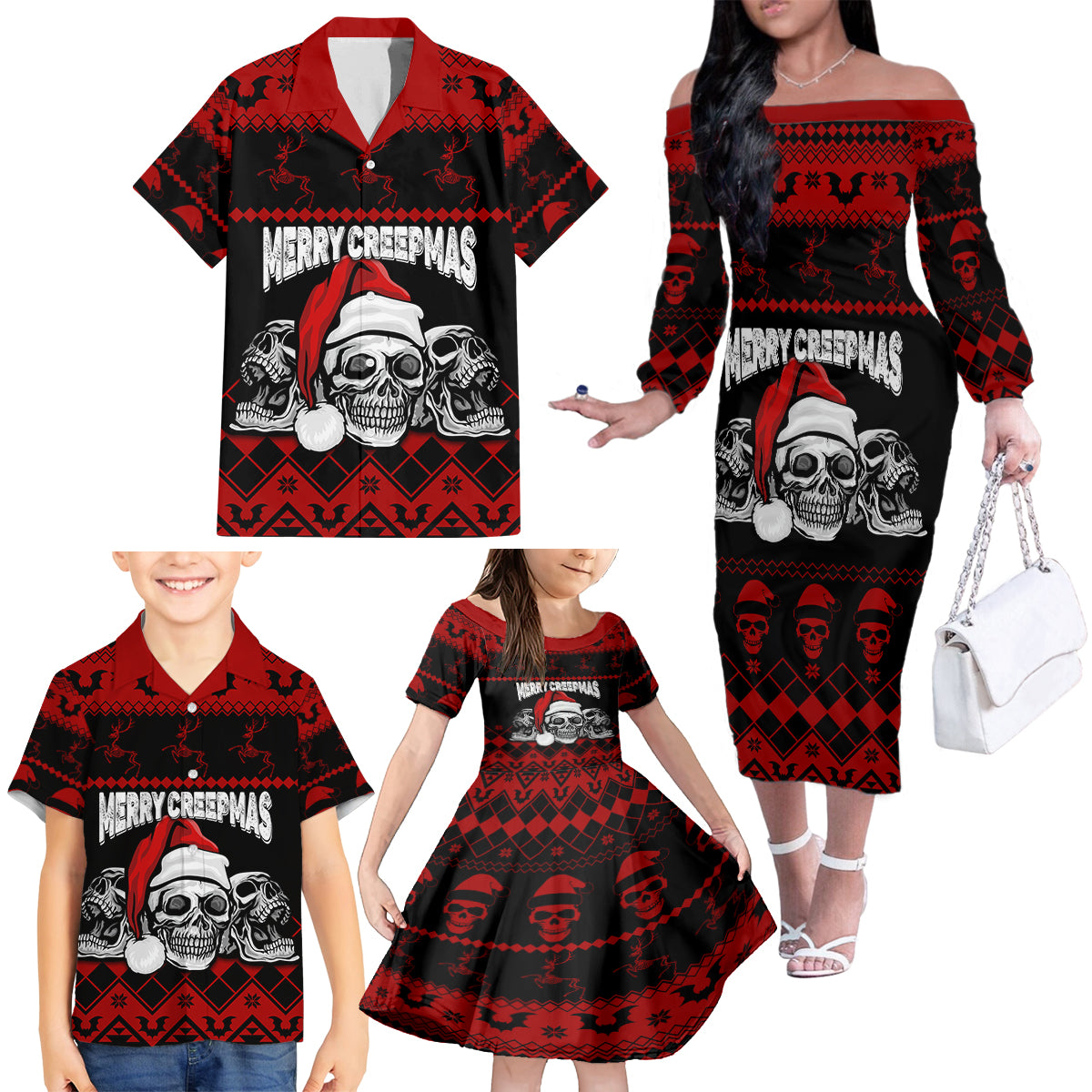 Custom Christmas Family Matching Off Shoulder Long Sleeve Dress and Hawaiian Shirt Gothic Skull Creepmas - Wonder Print Shop
