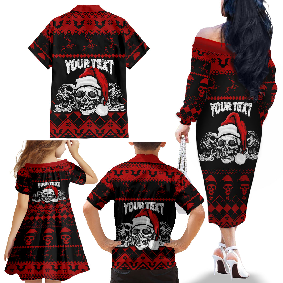 Custom Christmas Family Matching Off Shoulder Long Sleeve Dress and Hawaiian Shirt Gothic Skull Creepmas - Wonder Print Shop