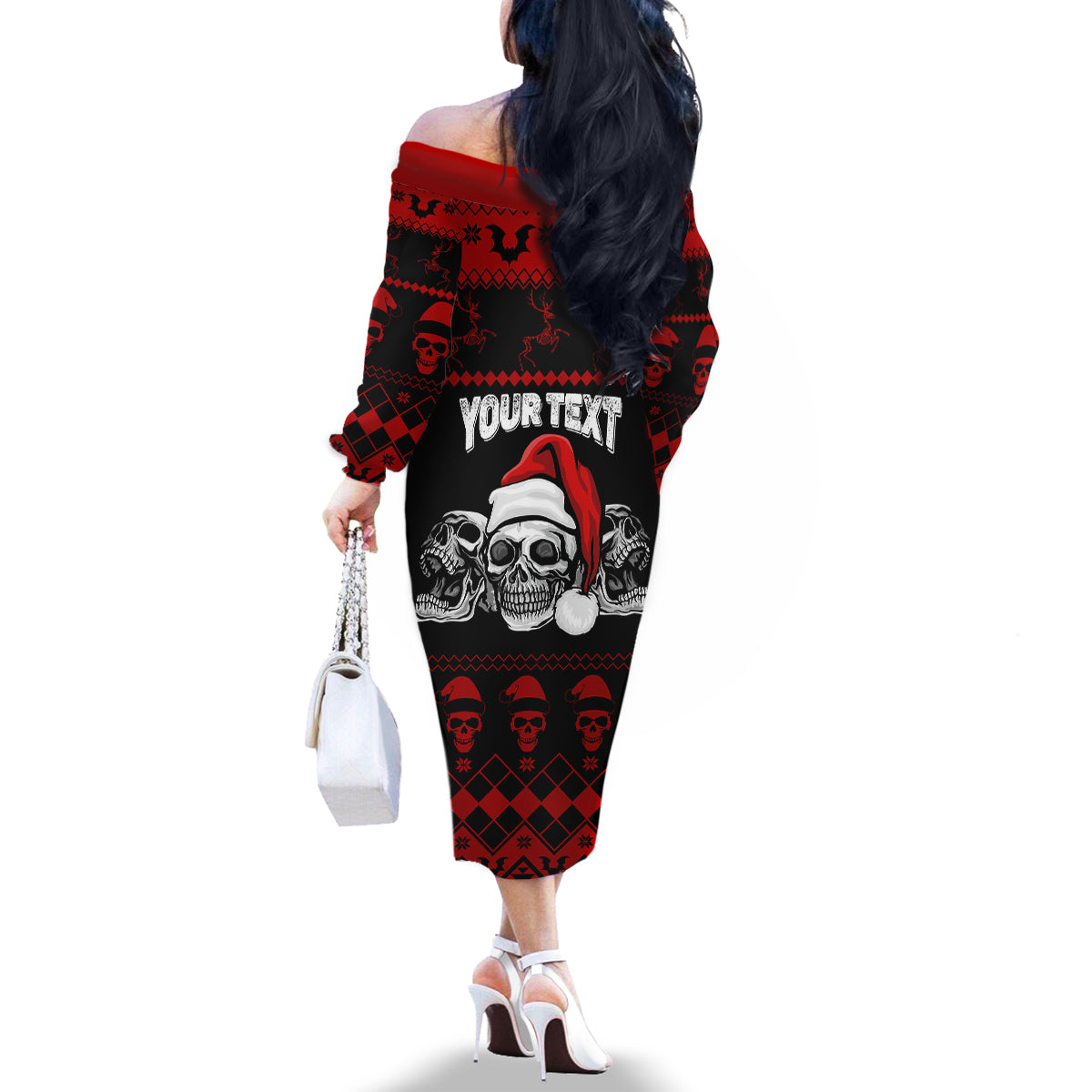 Custom Christmas Family Matching Off Shoulder Long Sleeve Dress and Hawaiian Shirt Gothic Skull Creepmas - Wonder Print Shop