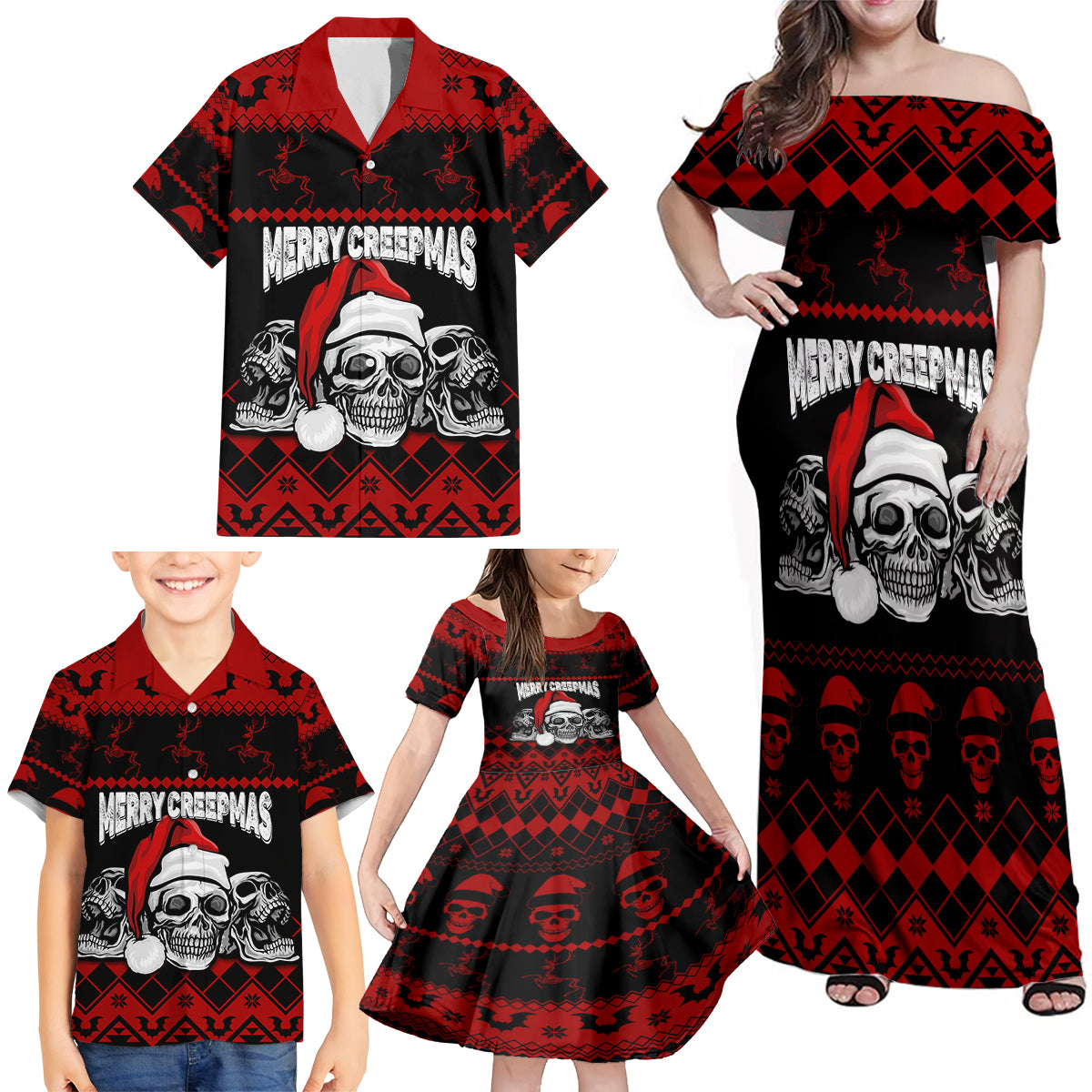 Custom Christmas Family Matching Off Shoulder Maxi Dress and Hawaiian Shirt Gothic Skull Creepmas LT7 - Wonder Print Shop