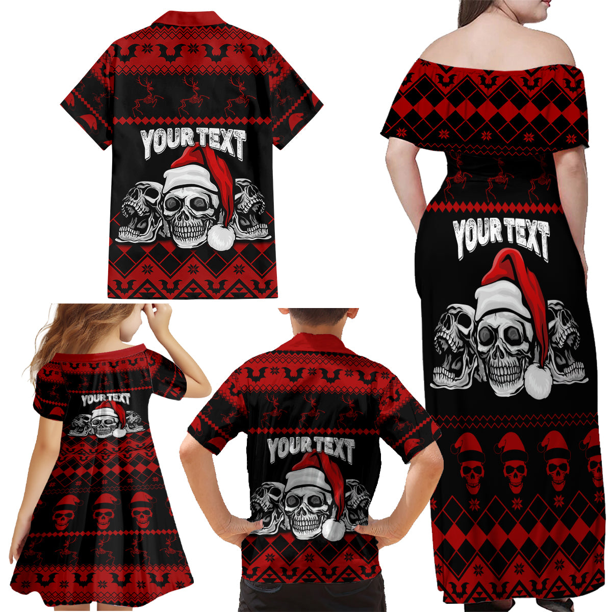Custom Christmas Family Matching Off Shoulder Maxi Dress and Hawaiian Shirt Gothic Skull Creepmas LT7 - Wonder Print Shop