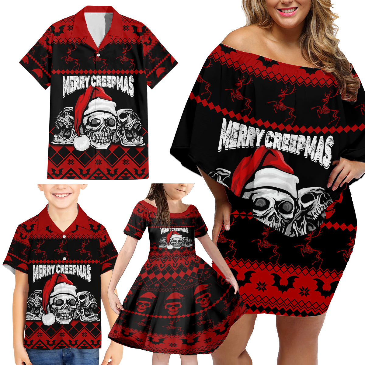 Custom Christmas Family Matching Off Shoulder Short Dress and Hawaiian Shirt Gothic Skull Creepmas LT7 - Wonder Print Shop