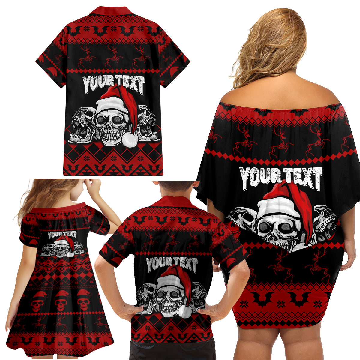 Custom Christmas Family Matching Off Shoulder Short Dress and Hawaiian Shirt Gothic Skull Creepmas LT7 - Wonder Print Shop