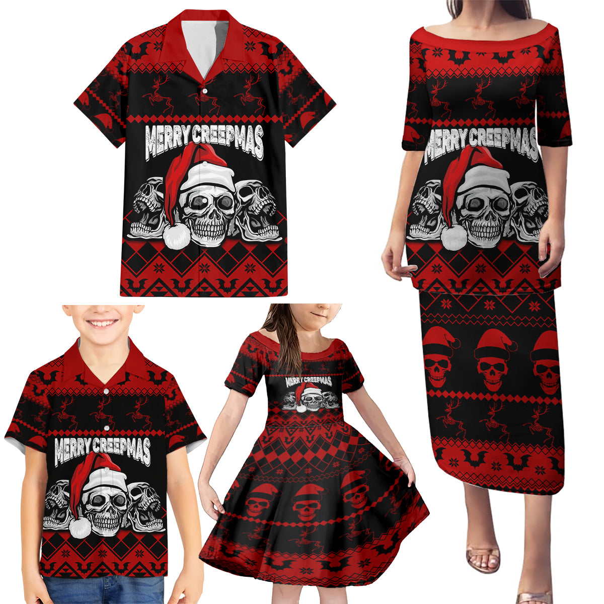 Custom Christmas Family Matching Puletasi Dress and Hawaiian Shirt Gothic Skull Creepmas - Wonder Print Shop