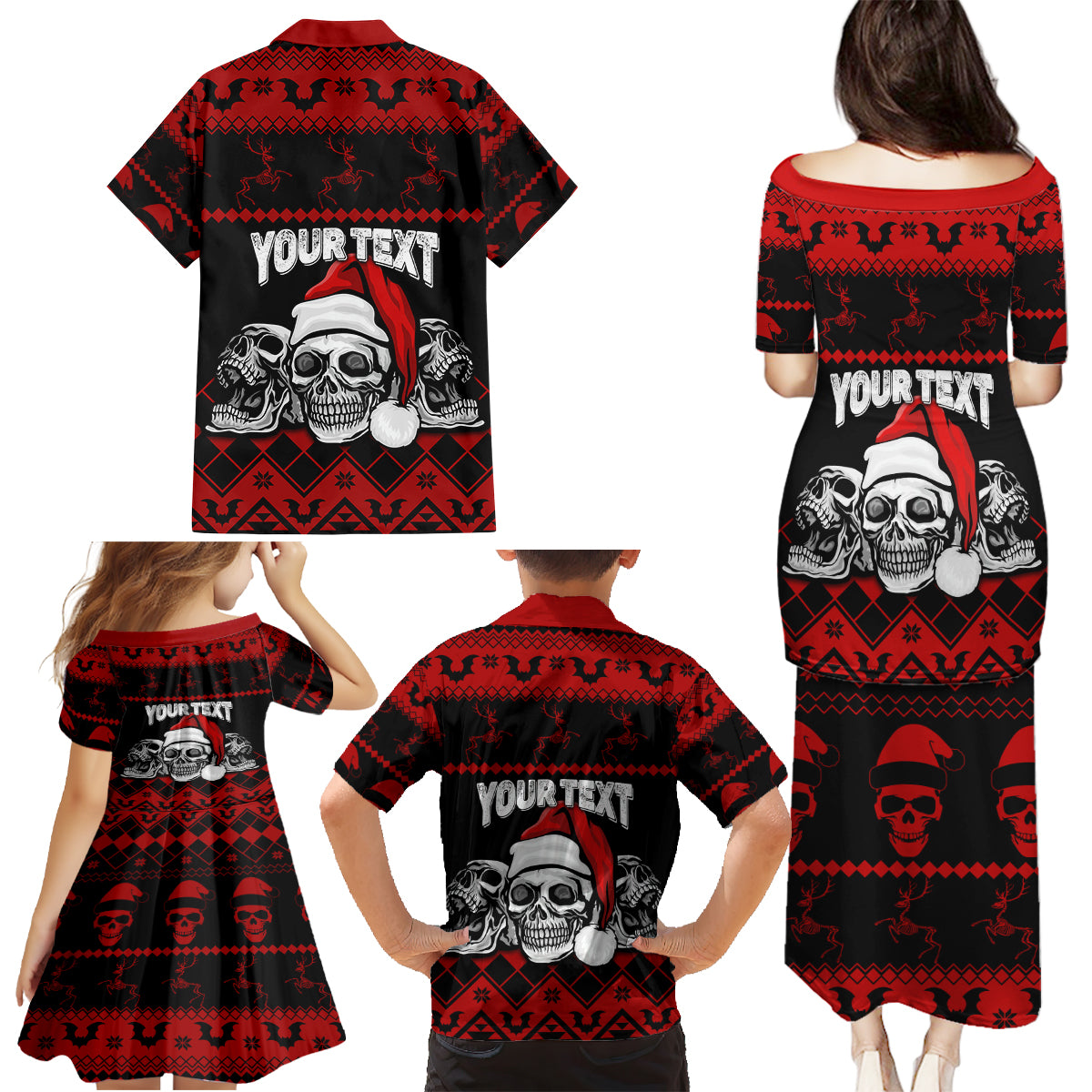 Custom Christmas Family Matching Puletasi Dress and Hawaiian Shirt Gothic Skull Creepmas - Wonder Print Shop