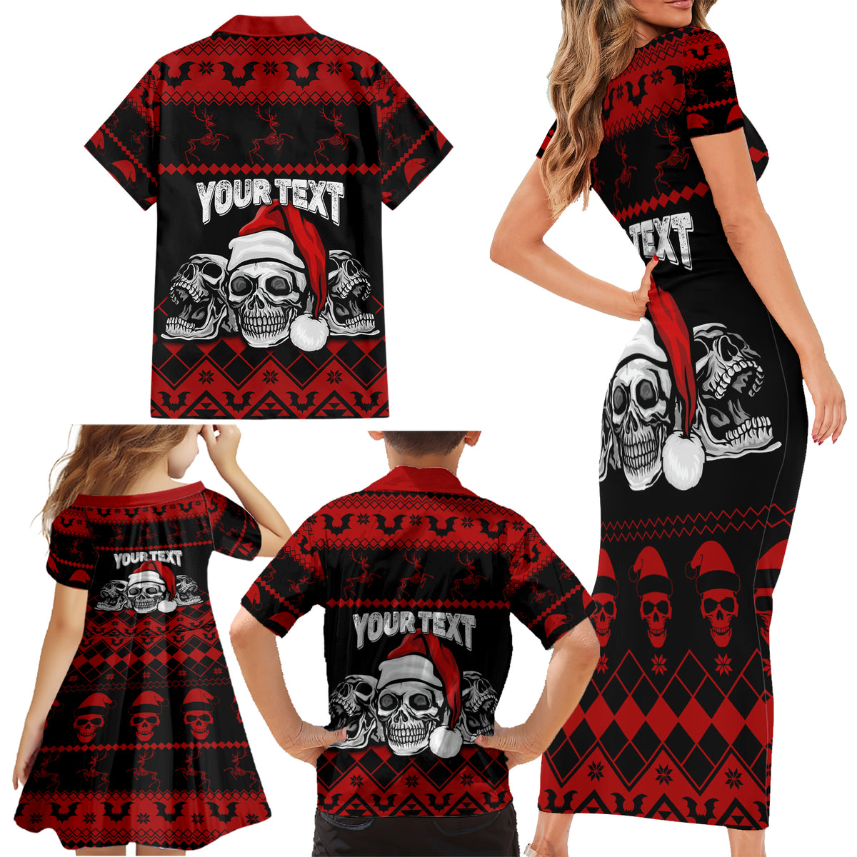 Custom Christmas Family Matching Short Sleeve Bodycon Dress and Hawaiian Shirt Gothic Skull Creepmas - Wonder Print Shop