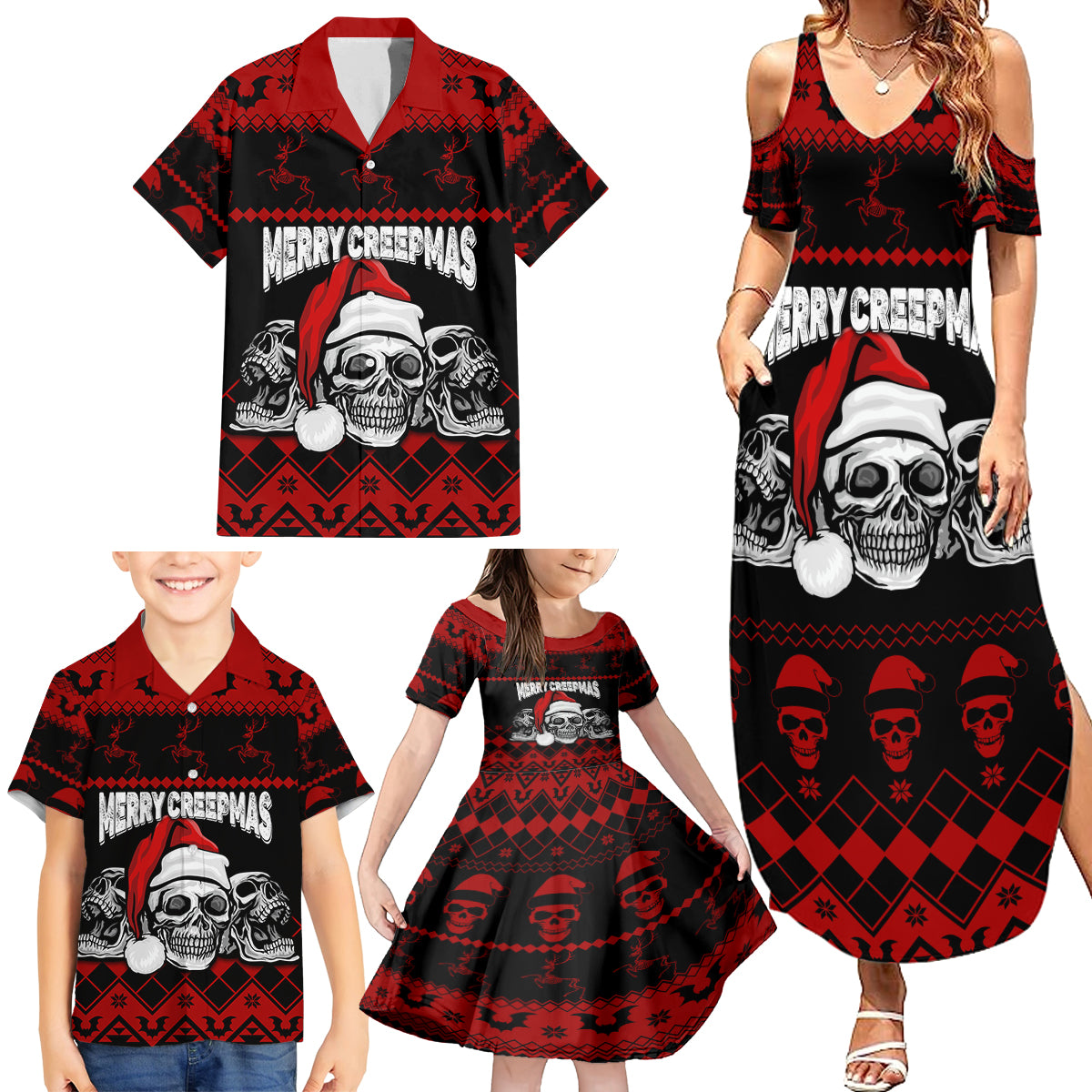 Custom Christmas Family Matching Summer Maxi Dress and Hawaiian Shirt Gothic Skull Creepmas - Wonder Print Shop