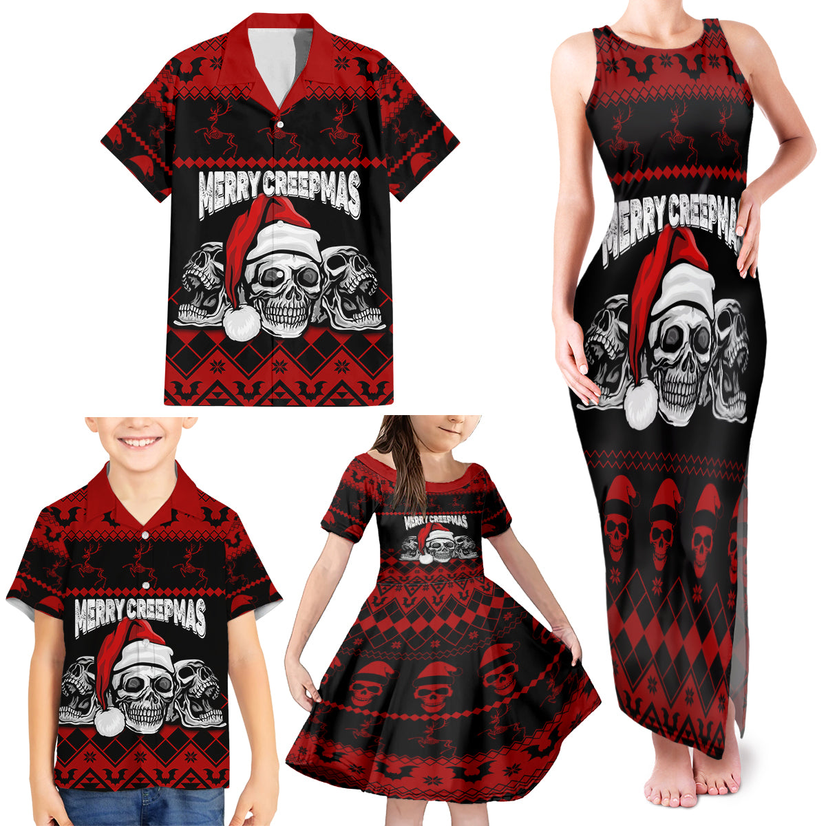 Custom Christmas Family Matching Tank Maxi Dress and Hawaiian Shirt Gothic Skull Creepmas - Wonder Print Shop