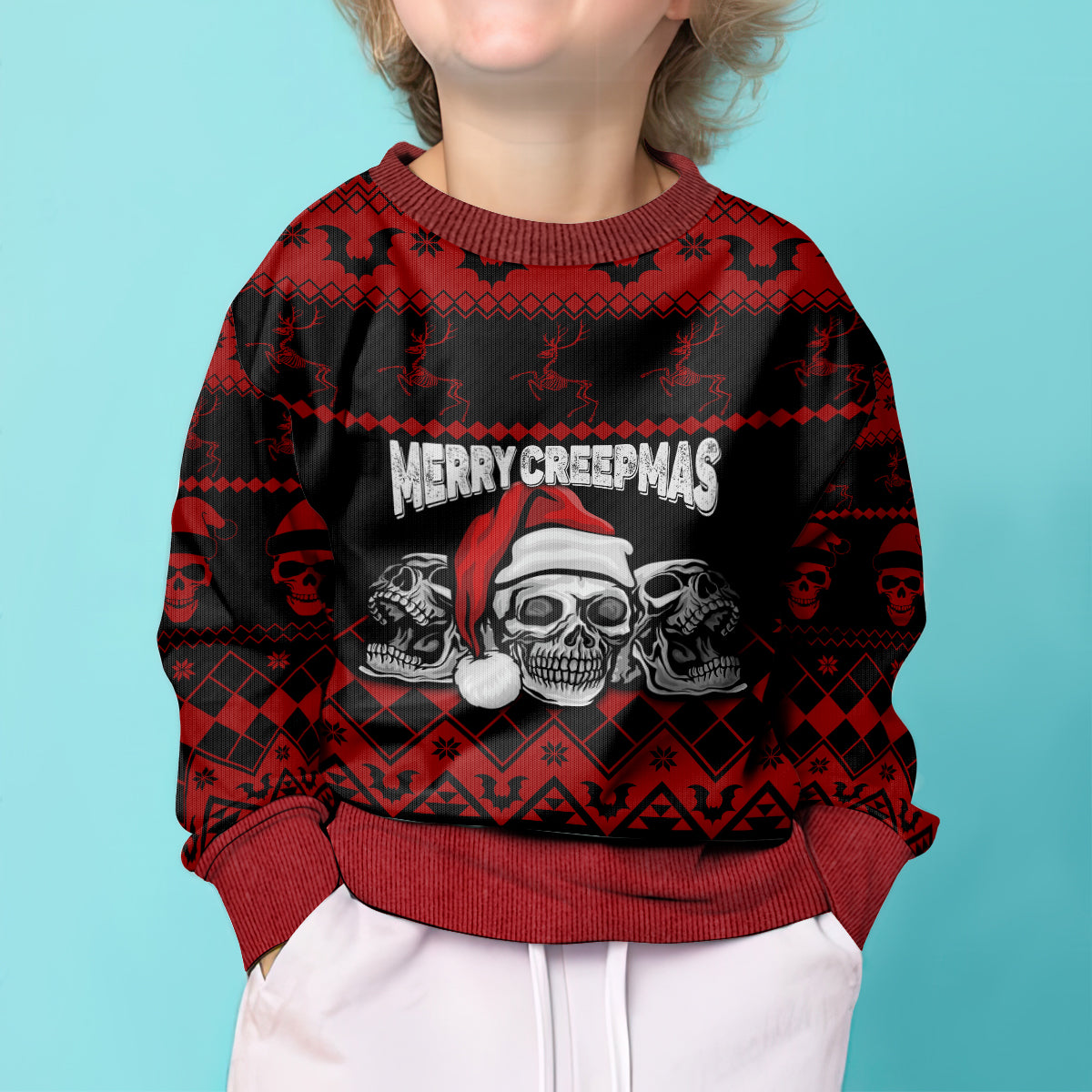 Personalised Wonder Print Christmas Kid Ugly Christmas Sweater Gothic Skull Creepmas - Wonder Print Shop