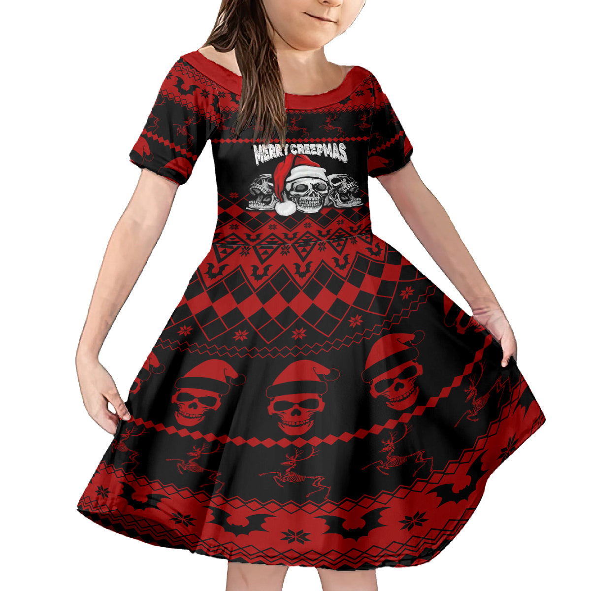 Custom Christmas Kid Short Sleeve Dress Gothic Skull Creepmas - Wonder Print Shop