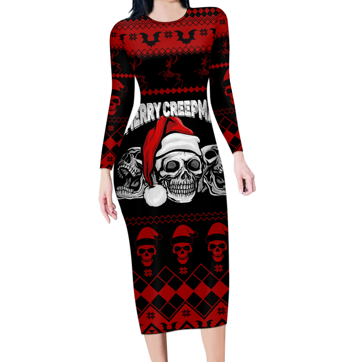 Custom Christmas Long Sleeve Bodycon Dress Gothic Skull Creepmas - Wonder Print Shop