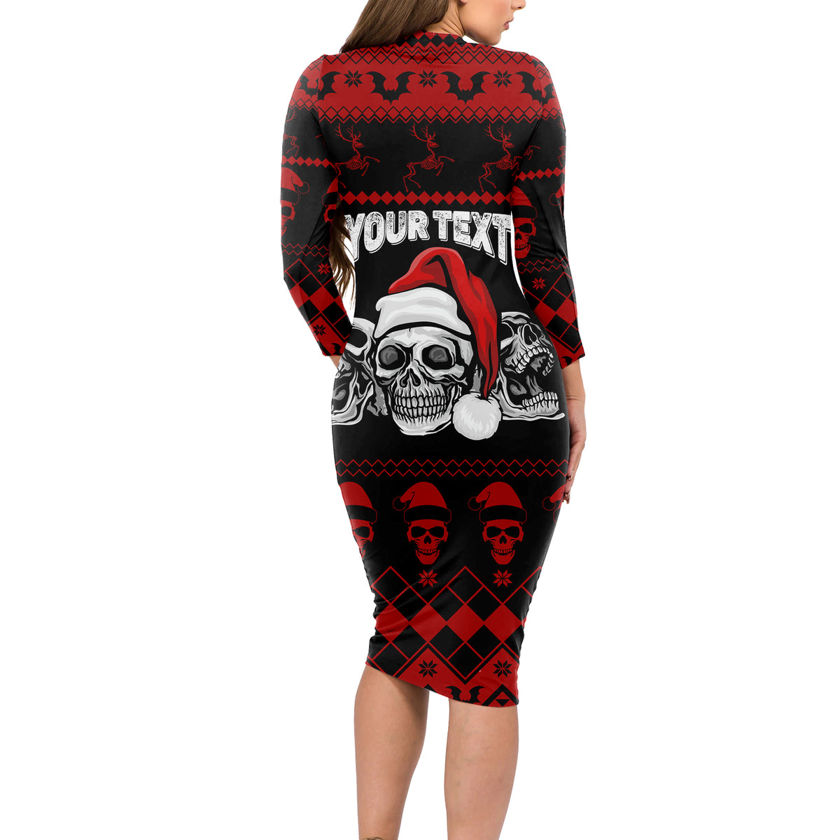 Custom Christmas Long Sleeve Bodycon Dress Gothic Skull Creepmas - Wonder Print Shop