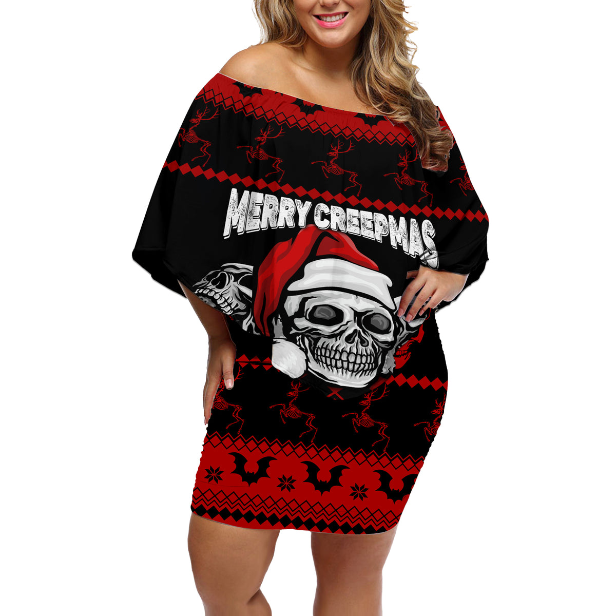 Custom Christmas Off Shoulder Short Dress Gothic Skull Creepmas - Wonder Print Shop