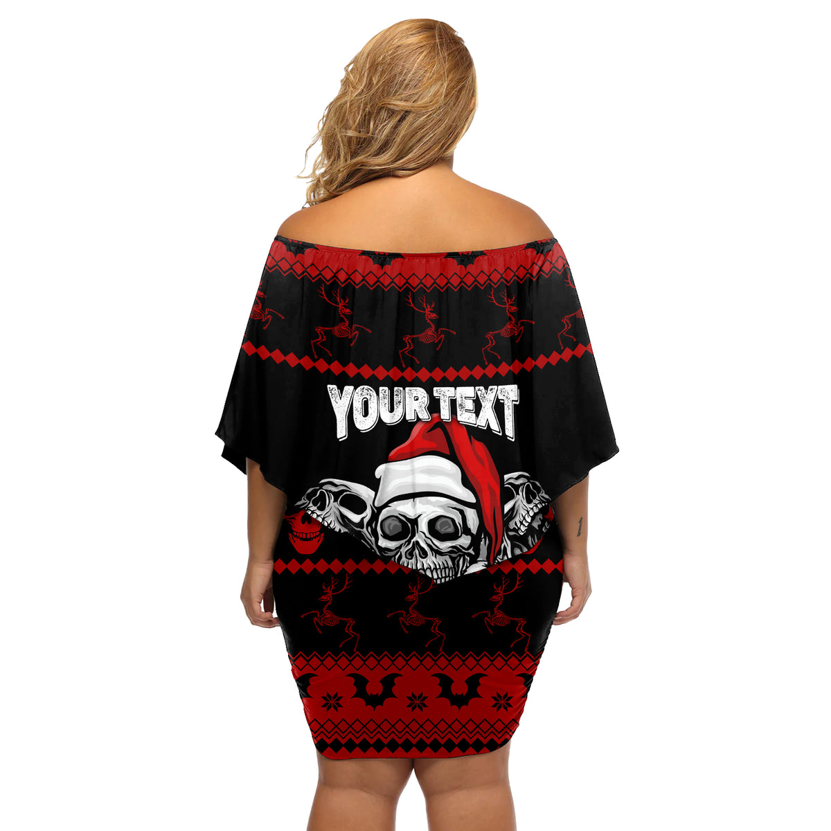 Custom Christmas Off Shoulder Short Dress Gothic Skull Creepmas - Wonder Print Shop