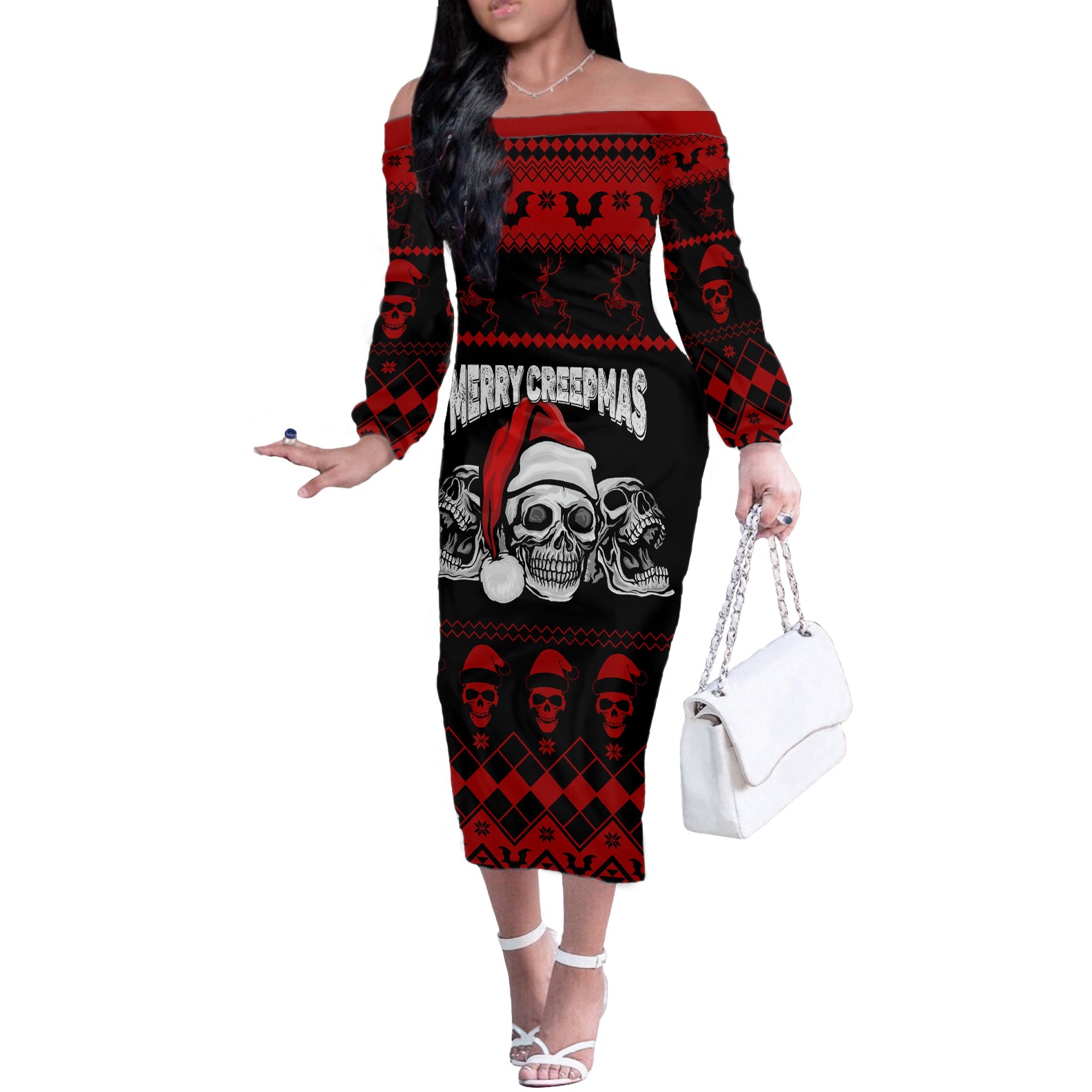 Custom Christmas Off The Shoulder Long Sleeve Dress Gothic Skull Creepmas - Wonder Print Shop