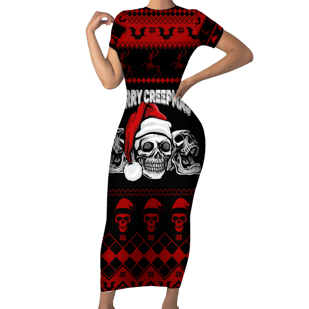 Custom Christmas Short Sleeve Bodycon Dress Gothic Skull Creepmas - Wonder Print Shop