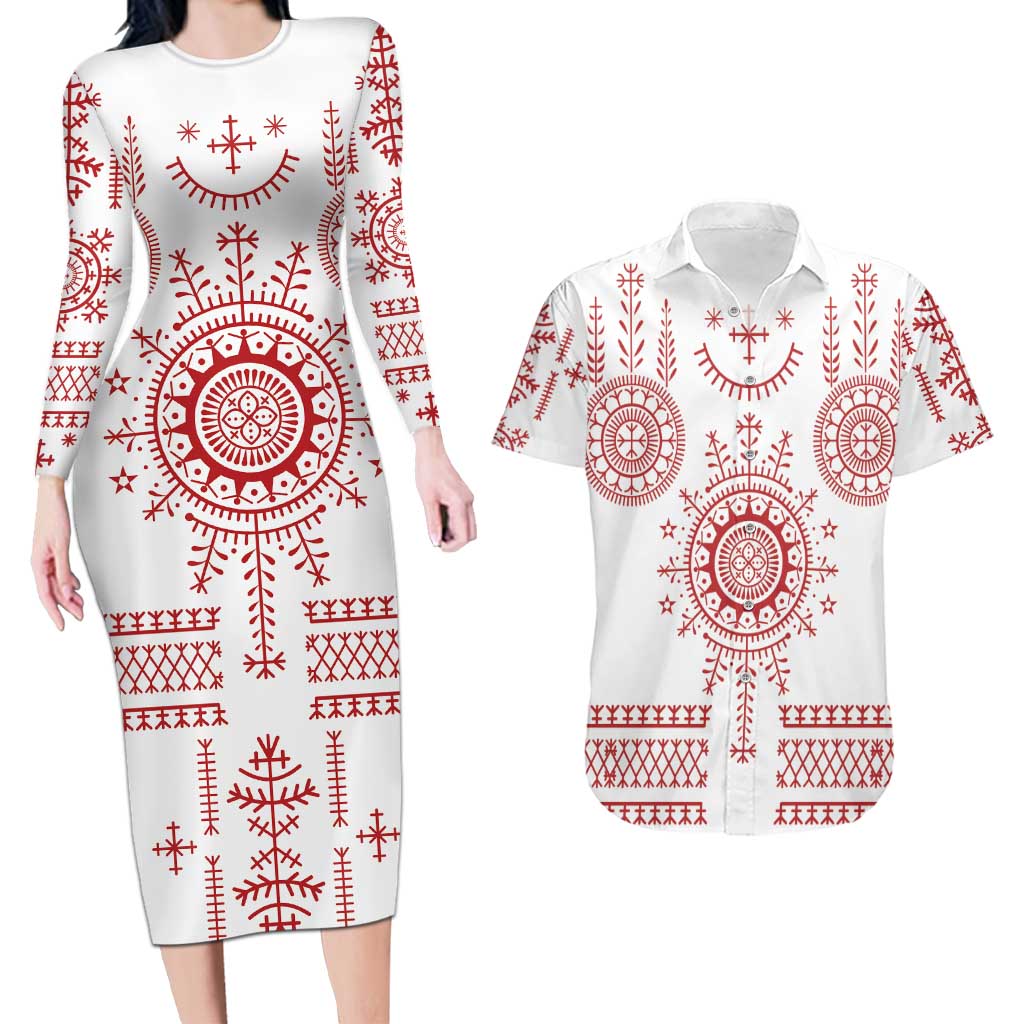 Croatia Sicanje Tattoo Kolo Inspired Couples Matching Long Sleeve Bodycon Dress and Hawaiian Shirt - Wonder Print Shop