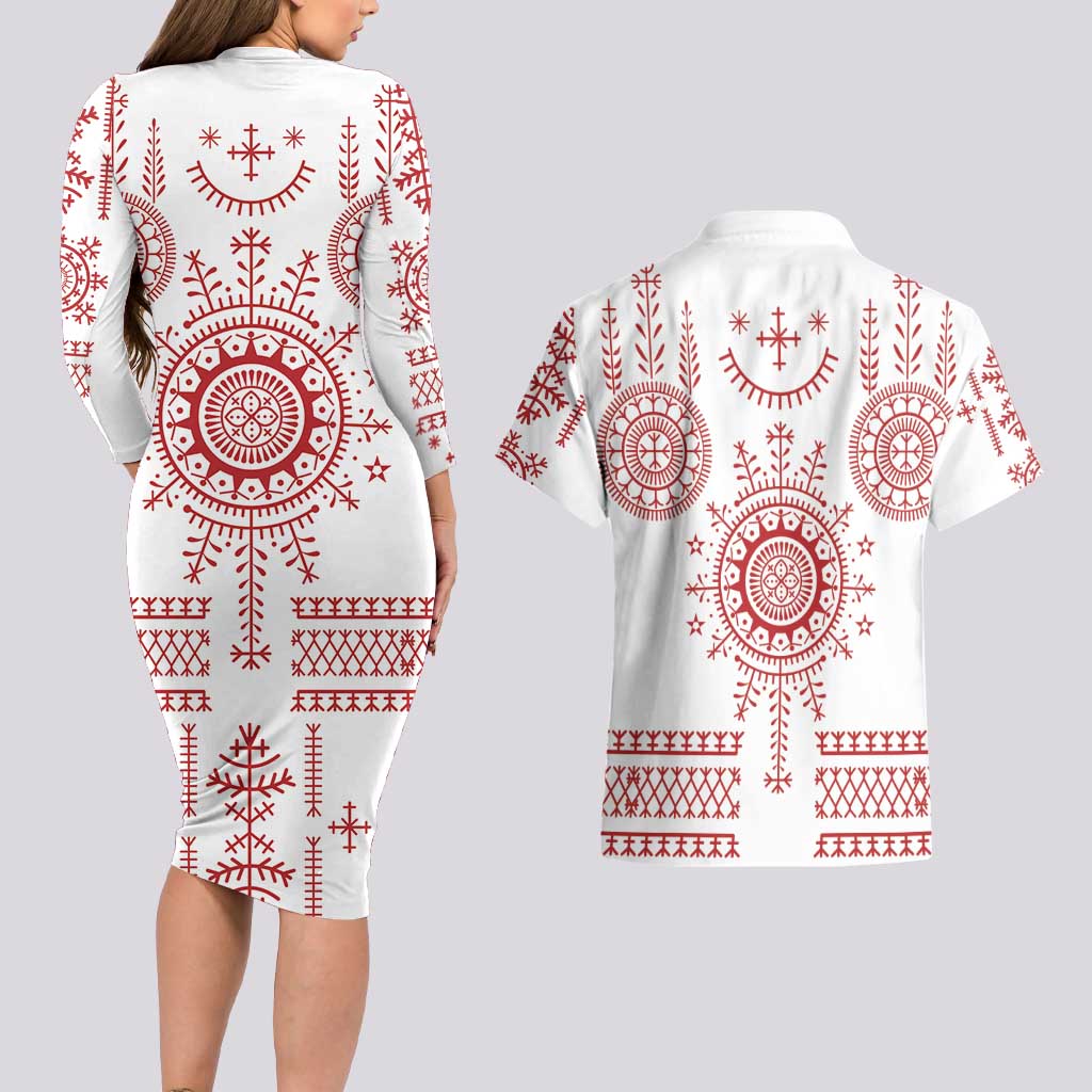 Croatia Sicanje Tattoo Kolo Inspired Couples Matching Long Sleeve Bodycon Dress and Hawaiian Shirt - Wonder Print Shop