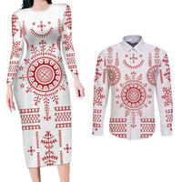 Croatia Sicanje Tattoo Kolo Inspired Couples Matching Long Sleeve Bodycon Dress and Long Sleeve Button Shirt - Wonder Print Shop