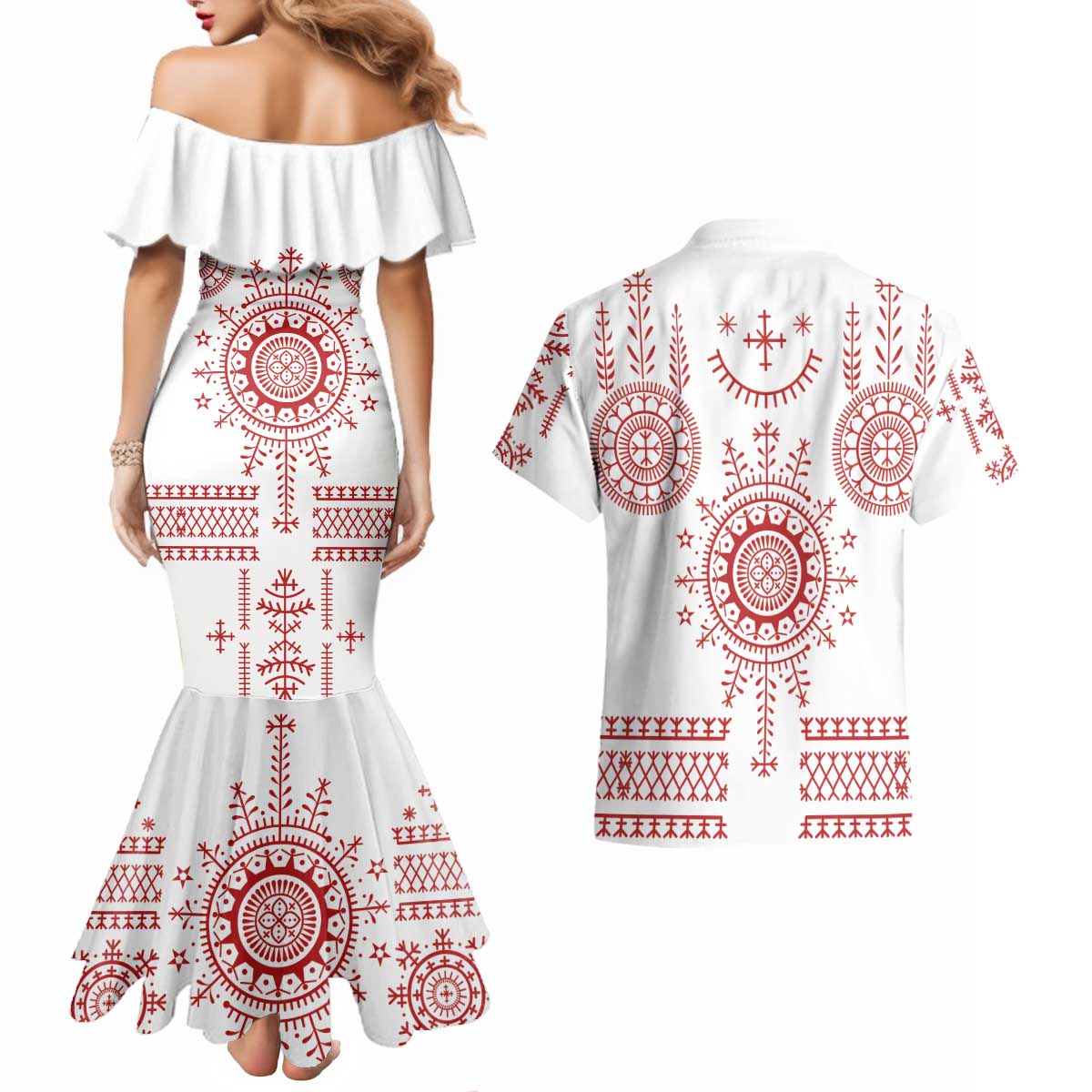 Croatia Sicanje Tattoo Kolo Inspired Couples Matching Mermaid Dress and Hawaiian Shirt - Wonder Print Shop