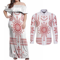 Croatia Sicanje Tattoo Kolo Inspired Couples Matching Off Shoulder Maxi Dress and Long Sleeve Button Shirt - Wonder Print Shop