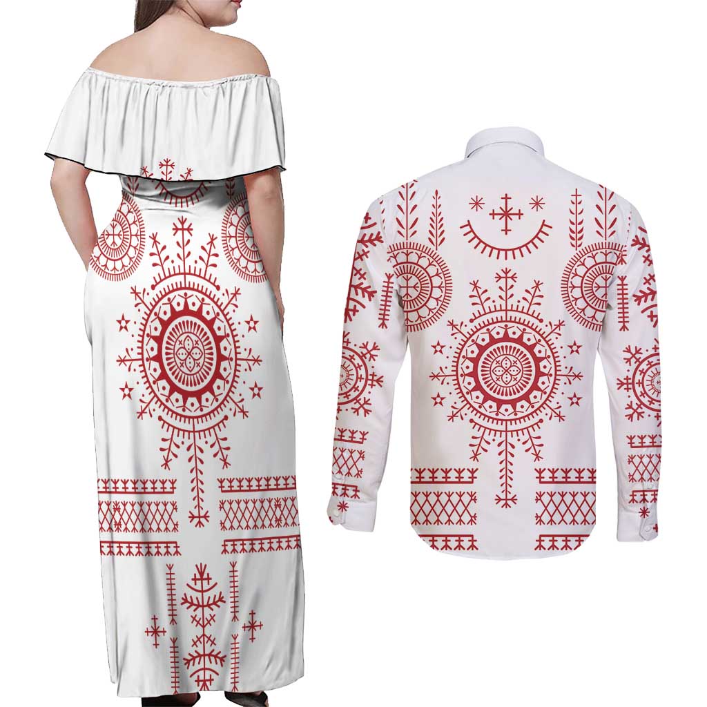 Croatia Sicanje Tattoo Kolo Inspired Couples Matching Off Shoulder Maxi Dress and Long Sleeve Button Shirt - Wonder Print Shop