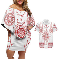 Croatia Sicanje Tattoo Kolo Inspired Couples Matching Off Shoulder Short Dress and Hawaiian Shirt - Wonder Print Shop