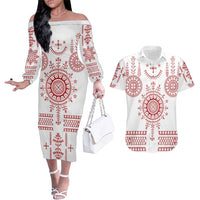 Croatia Sicanje Tattoo Kolo Inspired Couples Matching Off The Shoulder Long Sleeve Dress and Hawaiian Shirt - Wonder Print Shop
