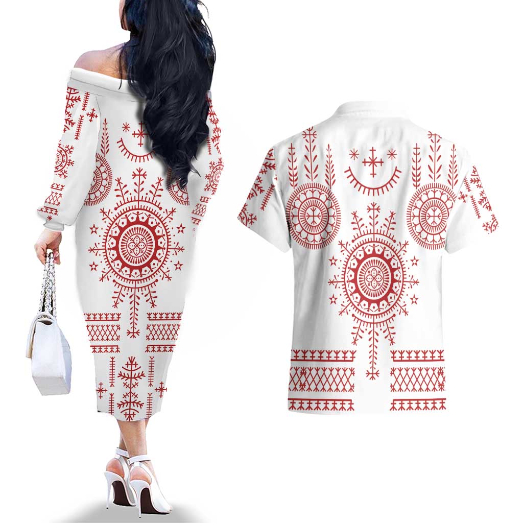 Croatia Sicanje Tattoo Kolo Inspired Couples Matching Off The Shoulder Long Sleeve Dress and Hawaiian Shirt - Wonder Print Shop