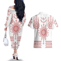 Croatia Sicanje Tattoo Kolo Inspired Couples Matching Off The Shoulder Long Sleeve Dress and Hawaiian Shirt - Wonder Print Shop