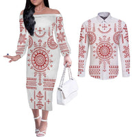Croatia Sicanje Tattoo Kolo Inspired Couples Matching Off The Shoulder Long Sleeve Dress and Long Sleeve Button Shirt - Wonder Print Shop