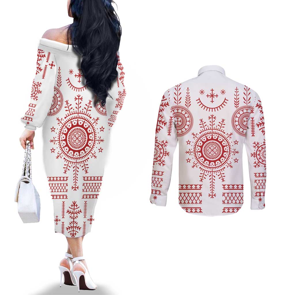 Croatia Sicanje Tattoo Kolo Inspired Couples Matching Off The Shoulder Long Sleeve Dress and Long Sleeve Button Shirt - Wonder Print Shop