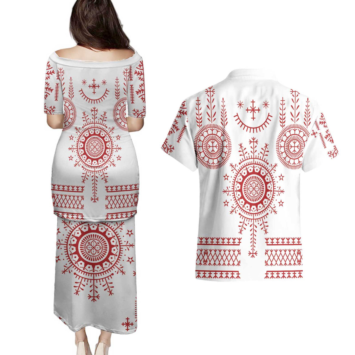 Croatia Sicanje Tattoo Kolo Inspired Couples Matching Puletasi and Hawaiian Shirt - Wonder Print Shop