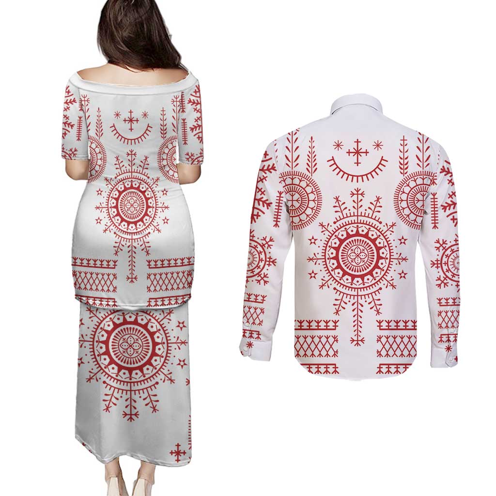 Croatia Sicanje Tattoo Kolo Inspired Couples Matching Puletasi and Long Sleeve Button Shirt - Wonder Print Shop