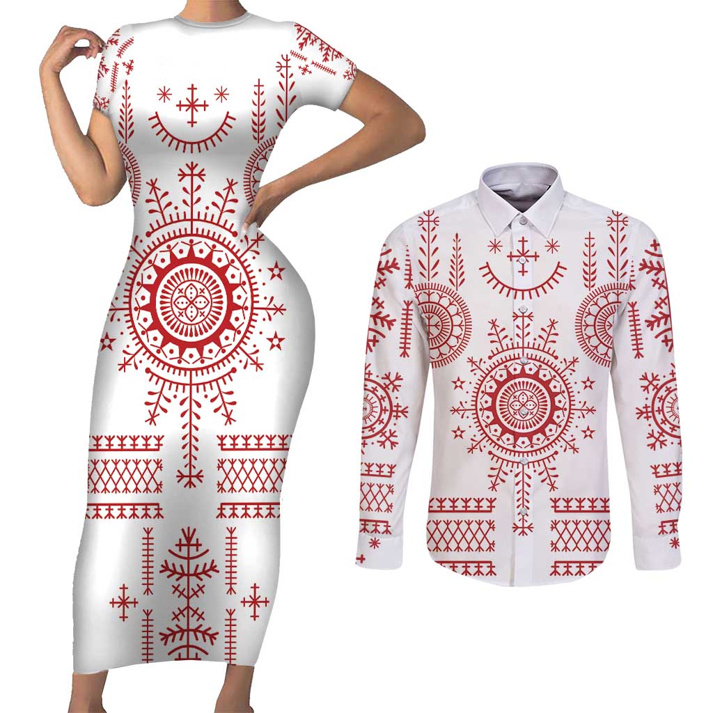 Croatia Sicanje Tattoo Kolo Inspired Couples Matching Short Sleeve Bodycon Dress and Long Sleeve Button Shirt - Wonder Print Shop