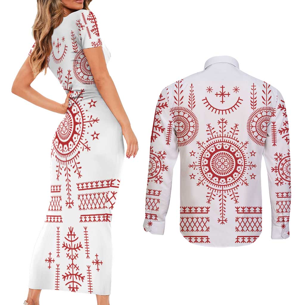 Croatia Sicanje Tattoo Kolo Inspired Couples Matching Short Sleeve Bodycon Dress and Long Sleeve Button Shirt - Wonder Print Shop